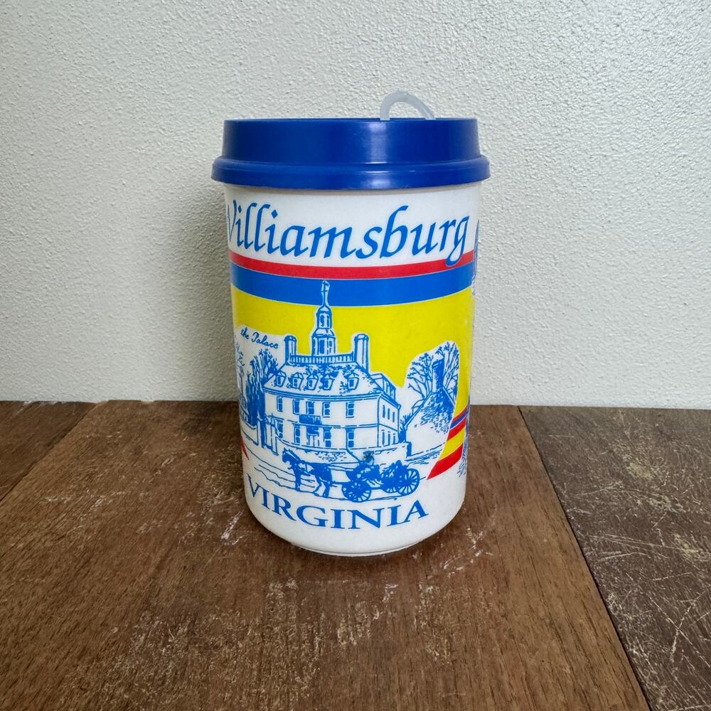 Vintage Williamsburg Virginia Pottery Factory Whirley Thermo Travel Mug Blue Lid